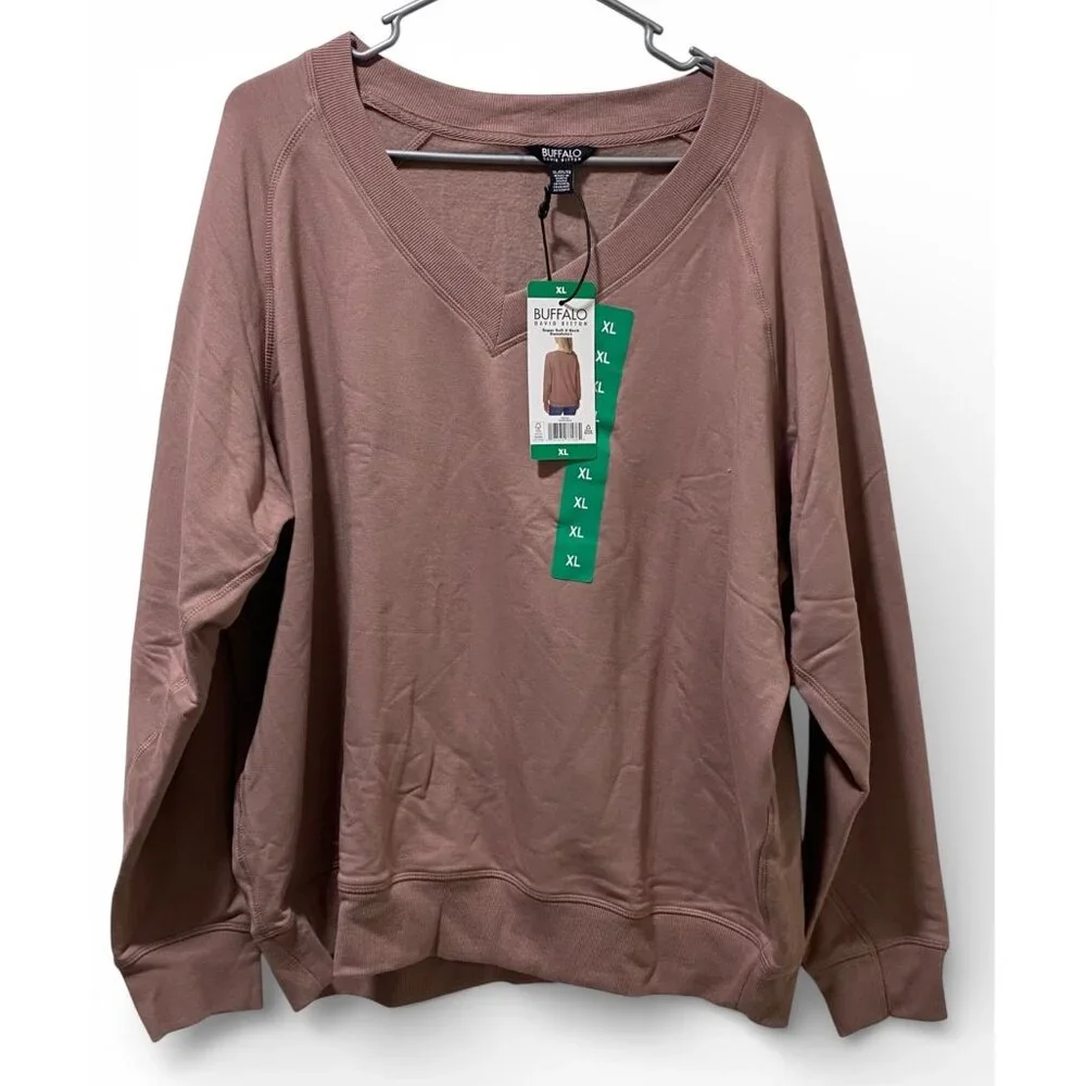 NWT Buffalo David Bitton Women Super Soft V-Neck Pullover Sweatshirt, T Rouse - Picture 2 of 11